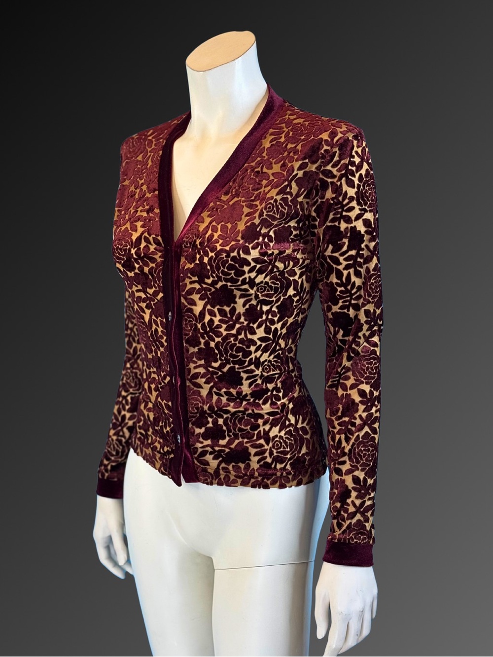 90s Burgundy Velvet Burnout Romantic Gothic Floral Devore Cardigan | XS S - Picture 10 of 11
